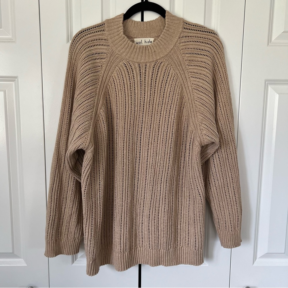 Wol Hide Beige Open-Knit Crewneck Sweater